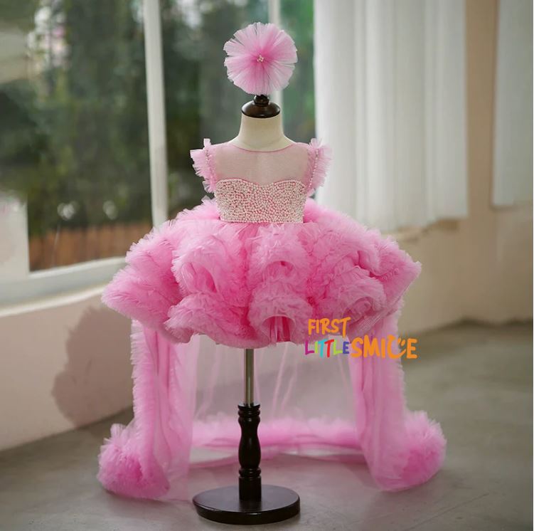 Fluffy Beaded Birthday Party Dress With Trail