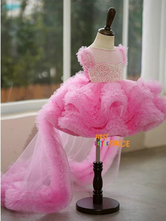 Fluffy Beaded Birthday Party Dress With Trail