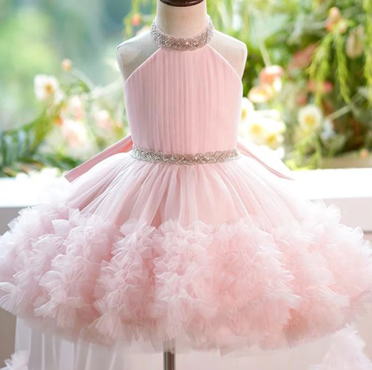 Fluffy Beaded Birthday Party Dress With Trail