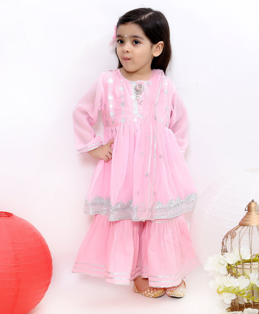 Full Sleeves Zardosi Work Kurti With Sharara & Dupatta