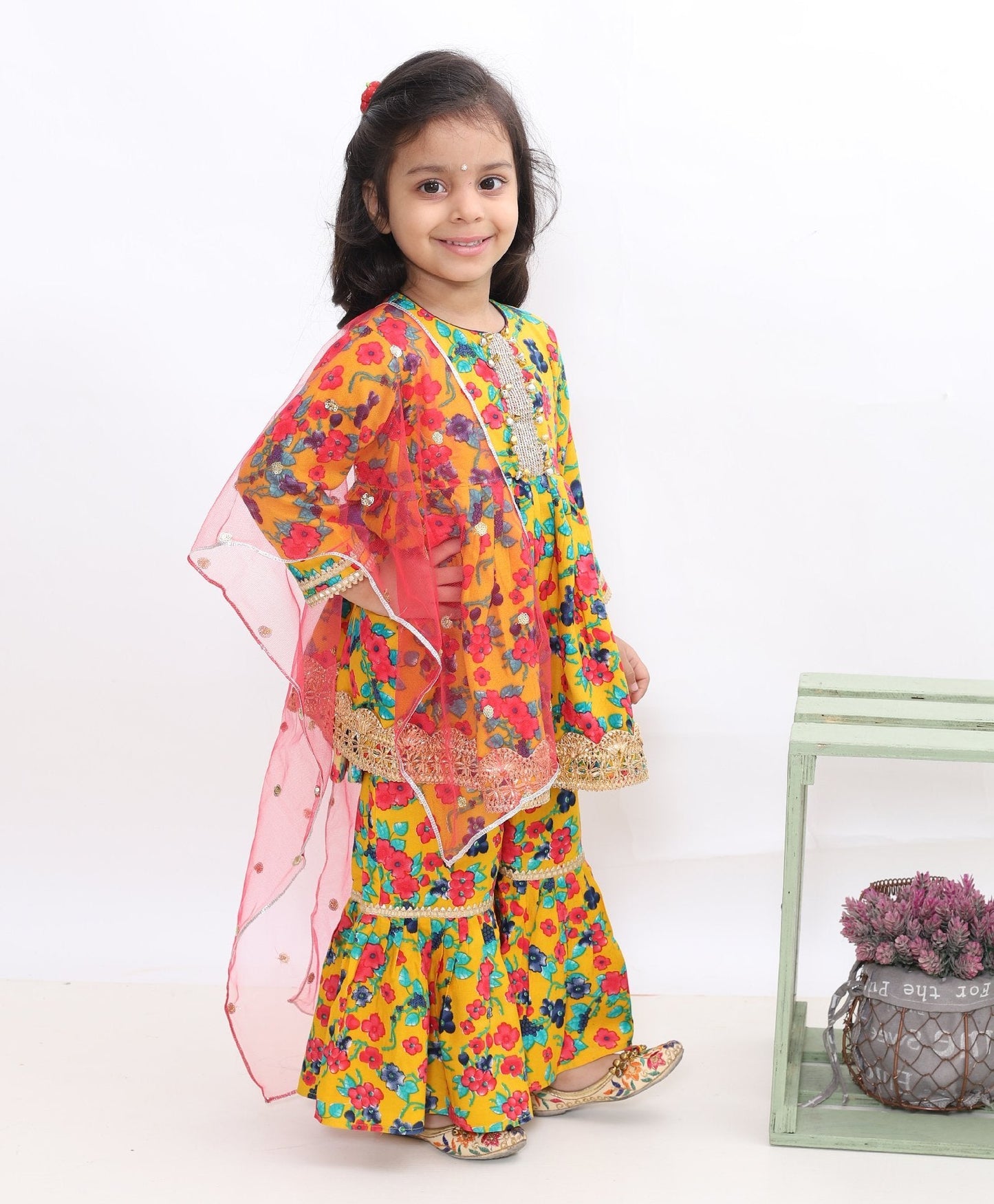 Full Sleeves Floral Print Kurti With Sharara Pants & Dupatta