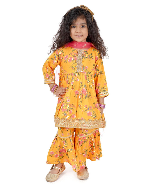 Full Sleeves Floral Print Kurti With Sharara Pants & Dupatta