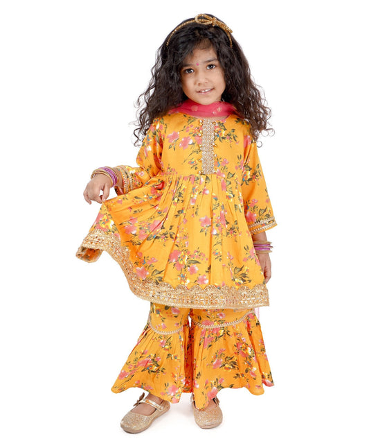 Full Sleeves Floral Print Kurti With Sharara Pants & Dupatta