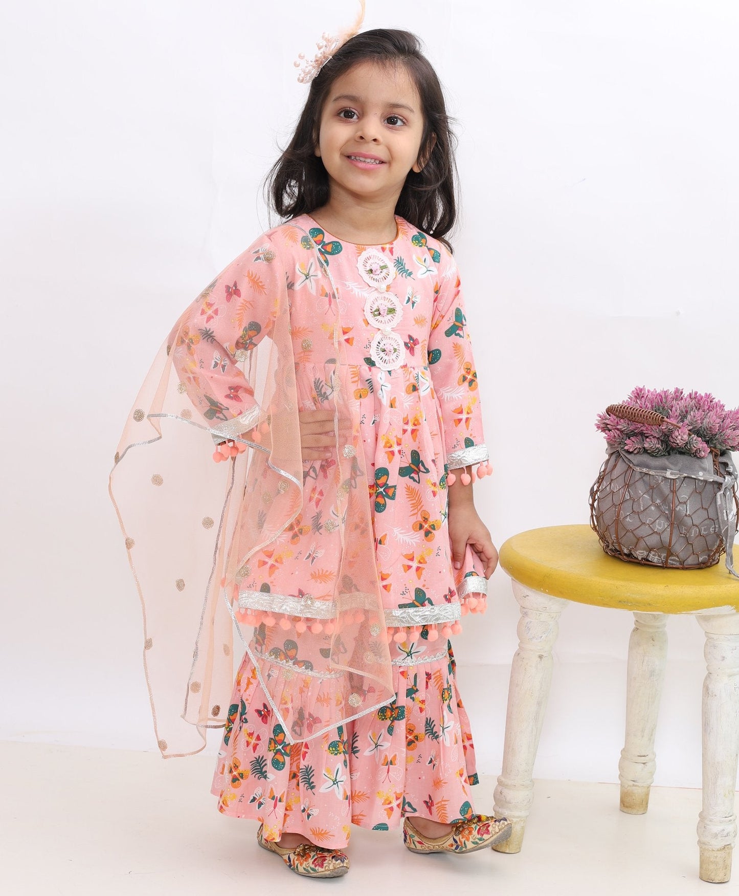 Butterfly Print Full Sleeves Flared Kurti With Sharara & Dupatta