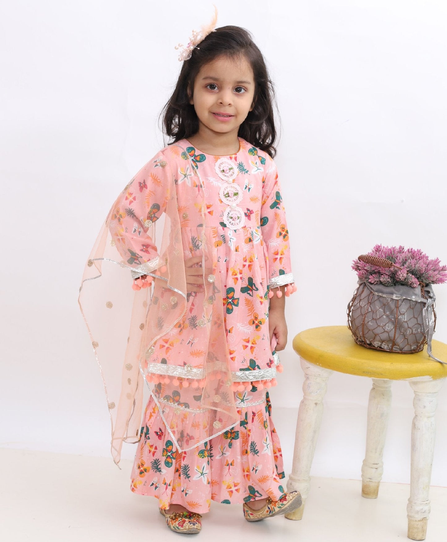 Butterfly Print Full Sleeves Flared Kurti With Sharara & Dupatta