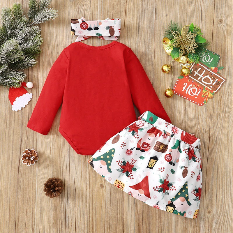 Long Sleeve Christmas Top And Bottom Set With Headband