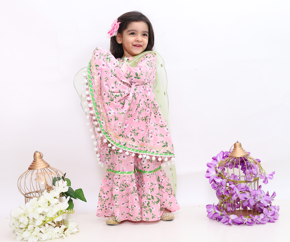 Full Sleeves Flower Print Kurti With Sharara & Dupatta